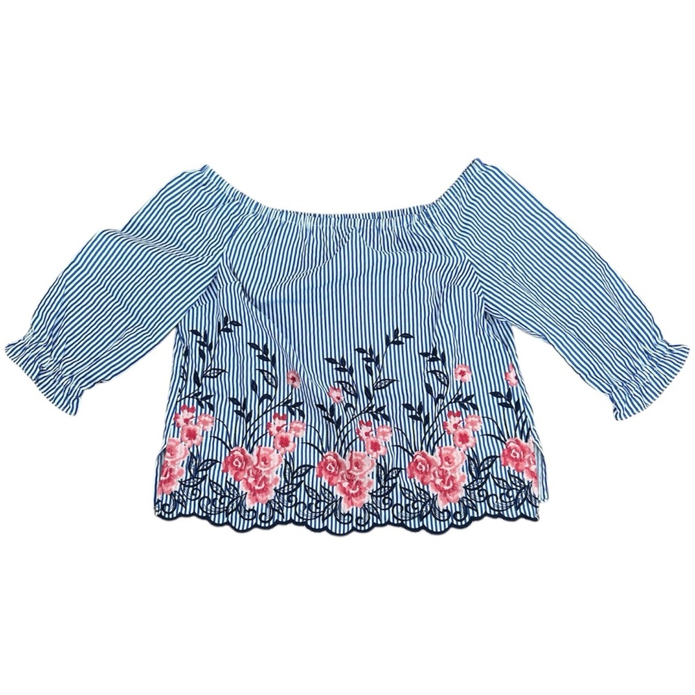 Elle Striped Blouse with Embroidered Floral Design
